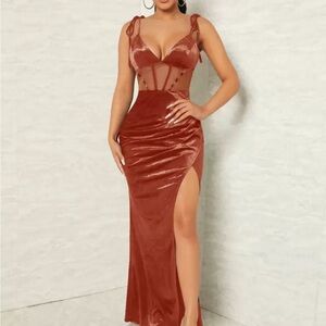 SHEIN Brown Sleeveless Plunge Maxi Gown
